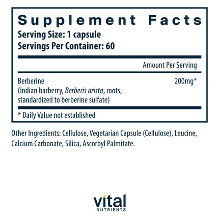 Vital Nutrients Berberine | Supports Healthy Bowel Function and Normal Triglyceride Levels | Vegan Supplement | Gluten, Dairy and Soy Free | 200 mg | 60 Capsules