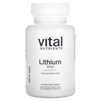 Vital Nutrients Lithium Orotate | Vegan Lithium Supplements for Memory, State of Mind, and Behavioral Health* | 20mg | Gluten, Dairy, Soy Free | 90 Capsules