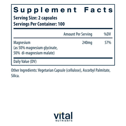 Vital Nutrients Magnesium Glycinate + Malate 120mg | Vegan Magnesium Supplement for Relaxation | 200 Capsules
