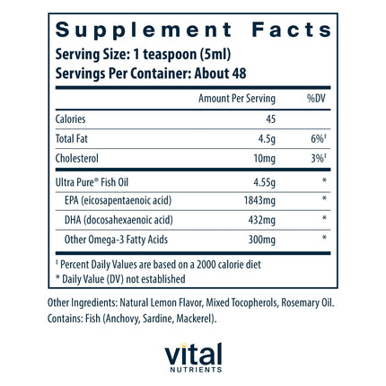 Vital Nutrients Ultra Pure Fish Oil 2600 – Pharmaceutical Grade, Hi-Potency Deep Sea EPA/DHA, 8 oz