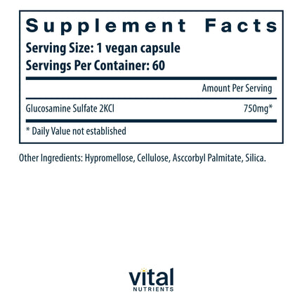 Vital Nutrients Vegan Glucosamine Sulfate 750mg – Joint Support, Cartilage & Mobility | Gluten-Free, Non-GMO | 60 Capsules