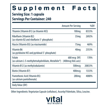 Vital Nutrients Vitamin B-Complex | Vegan High-Potency Methylated B Vitamins | 240 Capsules