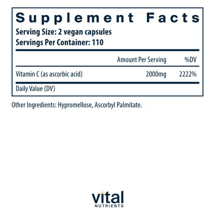 Vital Nutrients Vitamin C 1000mg | Pure Ascorbic Acid, Vegan Antioxidant for Immune Support & Iron Absorption | Gluten Free | Non-GMO | 220 Capsules