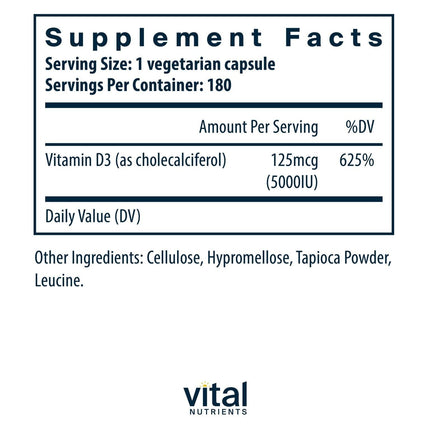 Vital Nutrients Vitamin D 5000 IU D3 Supplement – Supports Bones, Teeth & Immunity | Gluten, Dairy & Soy Free | 180 Capsules