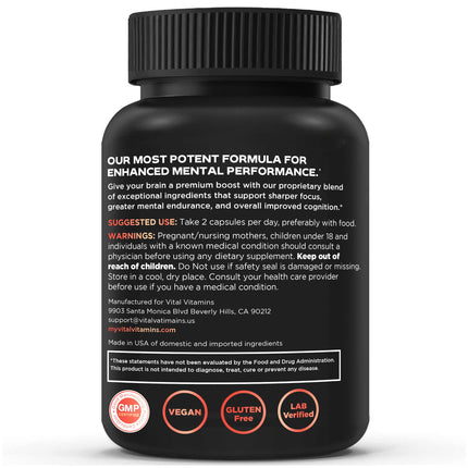 Vital Vitamins Nootropic Brain Supplement Plus – Memory & Focus (Lion's Mane) 60 Caps