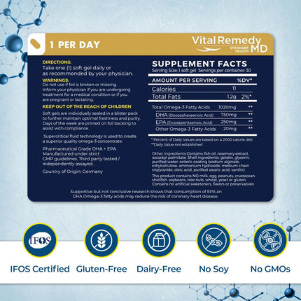 VitalOils1000 Omega-3 Fish Oil 1200mg (750 DHA + 450 EPA) - IFOS 5-Star, Non-GMO, Gluten-Free, No Fishy Aftertaste, Made in USA