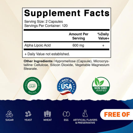 Vitamatic ALA 600mg – 240 Veg Capsules (Pack of 2) | Non-GMO & Gluten Free