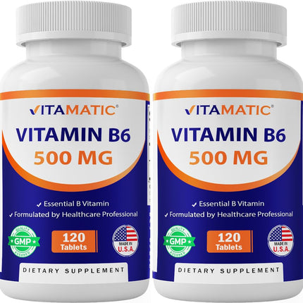 Vitamatic Vitamin B6 500 mg – 120 Vegetarian Tablets | 2-Pack – Energy, Metabolism & Immune Support