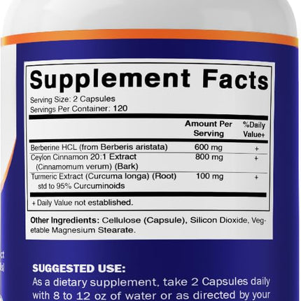 Vitamatic Berberine with Ceylon Cinnamon – 1500mg, 240 Veg Capsules, Non-GMO, Gluten Free