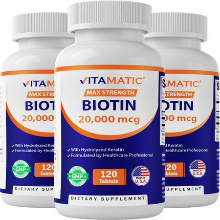 Vitamatic Biotin 20000 mcg with Keratin – 120 Vegetarian Tablets (Pack of 3)