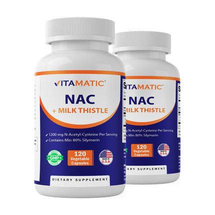Vitamatic NAC Supplement with Milk Thistle 50:1 Extract - 1200 mg NAC, 120 Veg Capsules - Immune, Respiratory & Liver Support - 2 Pack