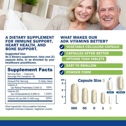 Power By Naturals ADK Vitamin Supplement: Vitamin A, D3 5000 IU, and Vitamin K2 MK-7 for Bone Health | Pack of 2 (60 Capsules Each)