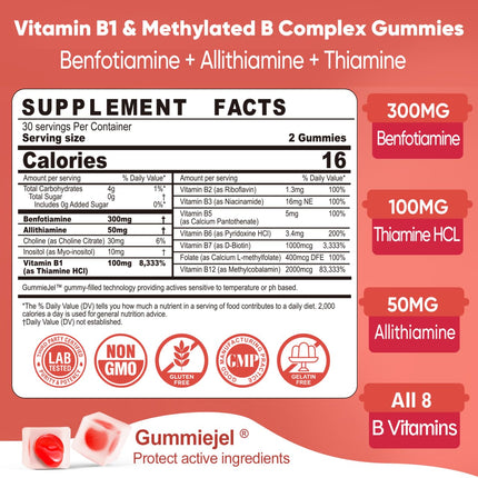Vitamin B1 & Methylated Vitamin B Complex Gummies - All B Vitamins, Benfotiamine, Thiamine & Inositol, Methylated B1 B2 B6 Multivitamins, L-methylfolate, Methyl B12 for Nerve Cognition Energy, 60 Cts