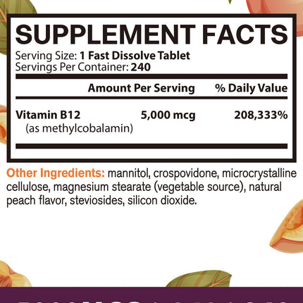 Vitamin B12 Sublingual 5000mcg – Energy & Nerve Support, Peach Flavor, Vegan