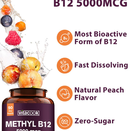 Vitamin B12 Sublingual 5000mcg – Energy & Nerve Support, Peach Flavor, Vegan