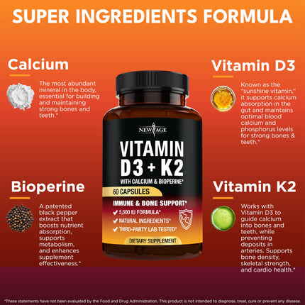 Vitamin D3 5000 IU + K2 MK-7 100 mcg - 2-in-1 Bone, Immune & Heart Support