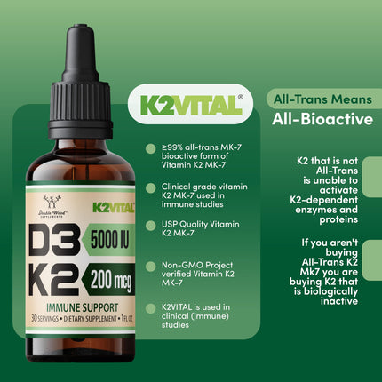 Vitamin D3 K2 5,000 IU Liquid Drops with All-Trans MK-7 (K2Vital) – Double Wood, Pack of 2