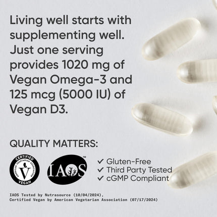 Sports Research Vegan Omega-3 + Vitamin D3 Softgels – 1020mg Omega-3, 5000 IU D3 (60 Veggie Softgels)