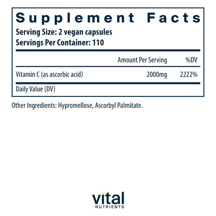 Vital Nutrients Vitamin C 1000mg | Pure Ascorbic Acid, Vegan Antioxidant for Immune Support & Iron Absorption | Gluten Free | Non-GMO | 220 Capsules