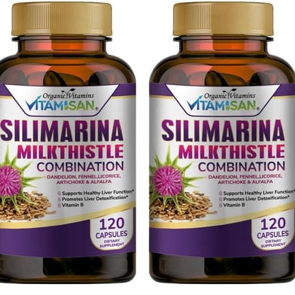 VITAMISAN Milk Thistle Silimarina Detox Formula with Dandelion, Fennel & Artichoke – 240 Capsules (Pack of 2)