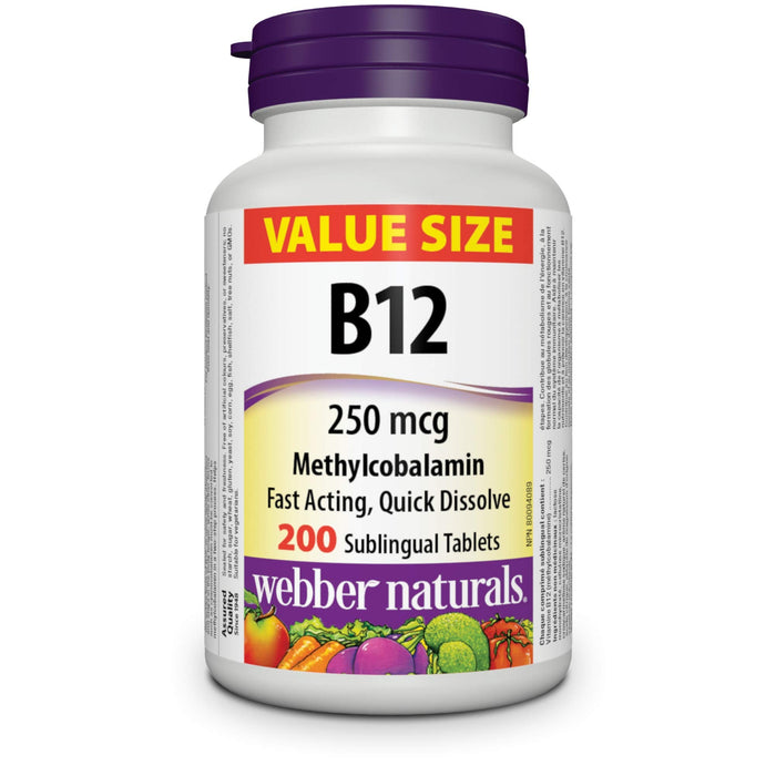 Webber Naturals Vitamin B12 250 mcg Methylcobalamin Sublingual Tablets – 200