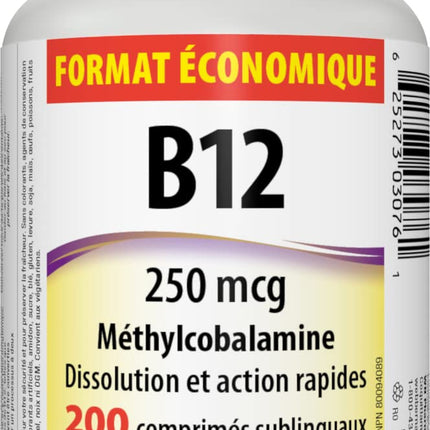 Webber Naturals Vitamin B12 250 mcg Methylcobalamin Sublingual Tablets – 200