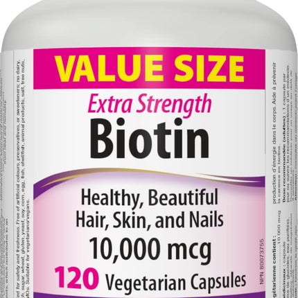 Webber Naturals Biotin 10,000 mcg Extra Strength - 120 Capsules | Non-GMO