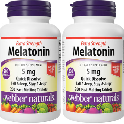 Webber Naturals Extra Strength Melatonin 5 mg – Fast-Melting Sleep Aid, 200-Day Supply (2-Pack), Gluten Free, Non-GMO, Vegetarian