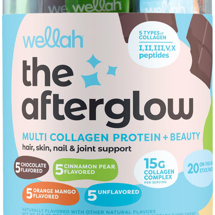 Wellah The Afterglow Multi Collagen Protein + Beauty (Variety Pack) 20 Stickpacks - 15G Collagen Complex Per Serving