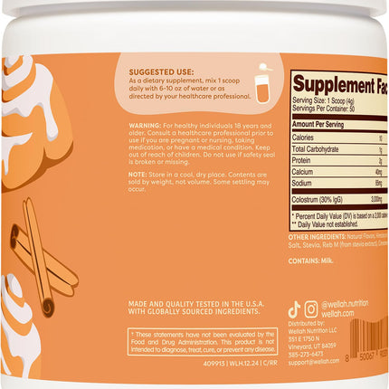 Wellah Colostrum Cinnamon Roll – 50 Servings, 3g/Serving, Stevia-Sweetened