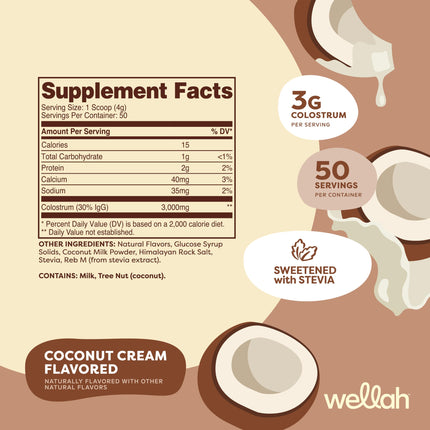 Wellah Colostrum Coconut Cream – 50 Servings, 3g Per Serving, Stevia-Sweetened