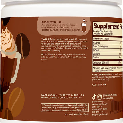 Wellah Colostrum Mocha Latte - 50 Servings, 3g Per Serving, Stevia-Sweetened