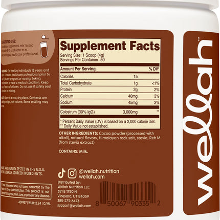 Wellah Colostrum Mocha Latte - 50 Servings, 3g Per Serving, Stevia-Sweetened