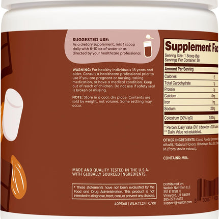 Wellah Colostrum Rocky Road Flavored (50 Servings) – 3g Colostrum Per Serving, Stevia-Sweetened Dietary Supplement