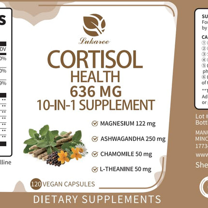 Lukaree 10-in-1 Cortisol Supplements – KSM-66 Ashwagandha + L-Theanine, 120 Caps (2 Pack)