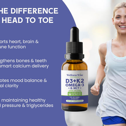 Wellness Wise Naturals Omega-3 + Vitamin D3 5000 IU with MK-7 K2 – Heart & Bone Support (1 fl oz)