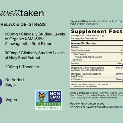 WellTaken Ashwagandha Relax & De-Stress Powder – Lemon Lavender (14 Servings)