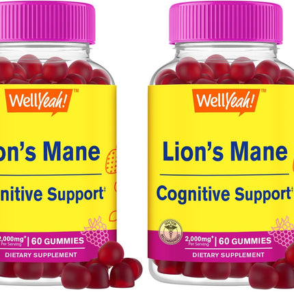 WellYeah Lions Mane Gummies for Adults – 2000mg per Serving, 60 Count (Pack of 2) – Gluten Free, Non-GMO, Berry Flavor