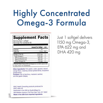 WHC UnoCardio X2 Fish Oil – 1270 mg Omega-3 (EPA 622 mg / DHA 420 mg), r-TG, 60 Softgels