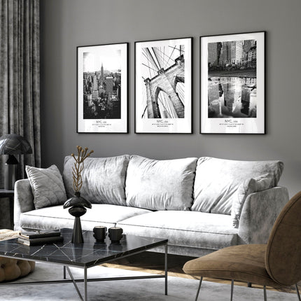 White and black art | set of 3 New York living room wall art