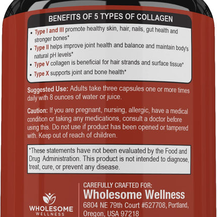 Wholesome Wellness Multi-Collagen Pills – 5 Types I-V, Organic Herbs