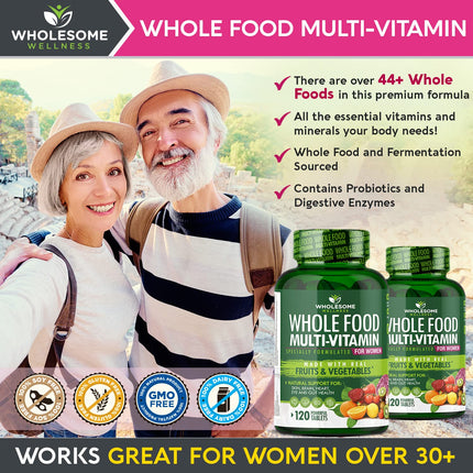 Wholesome Wellness Whole Food Multivitamin for Women - Natural Vitamins, Minerals, Organic Extracts - 120 Tablets