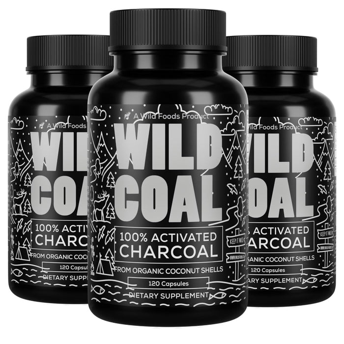 Wild Foods Activated Charcoal Capsules | 100% Organic Coconut Shells | USA Made & Lab Tested Detox Pills (Three Bottles - 120 Capsules)