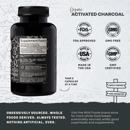 Wild Foods Activated Charcoal Capsules | 100% Organic Coconut Shells | USA Made & Lab Tested Detox Pills (Three Bottles - 120 Capsules)