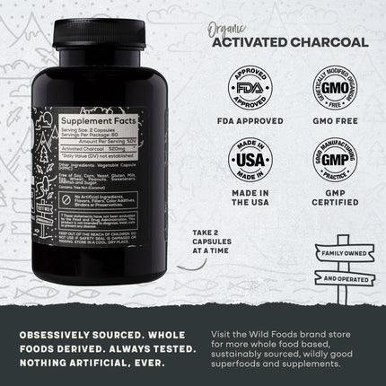 Wild Foods Activated Charcoal Capsules – 120 Capsules (Two Bottles) | Organic Coconut Shells | Lab Tested & Non-GMO | Detox & Bloating Relief | USA