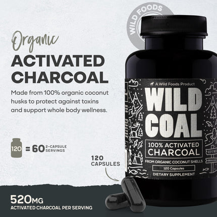Wild Foods Activated Charcoal Capsules – 120 Capsules (Two Bottles) | Organic Coconut Shells | Lab Tested & Non-GMO | Detox & Bloating Relief | USA