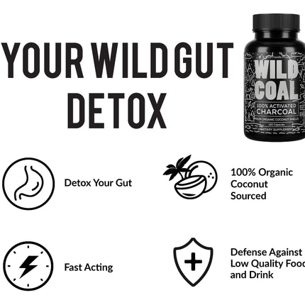 Wild Foods Activated Charcoal Capsules – 120 Capsules (Two Bottles) | Organic Coconut Shells | Lab Tested & Non-GMO | Detox & Bloating Relief | USA