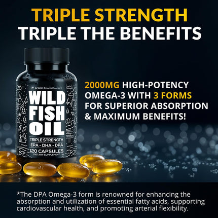 Wild Foods Omega-3 Fish Oil Supplement 120 Capsules (2 pk) – Burpless, Odorless, Non-GMO | DPA, DHA, EPA Triple Strength