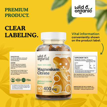 Wild & Organic Magnesium Citrate Gummies 400 mg | Mood & Calm Support (Pack of 2)