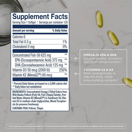 Wiley's Finest Wild Alaskan Fish Oil Vitamin K2 & D3 Softgels - 500mg EPA/DHA | 120 Servings
